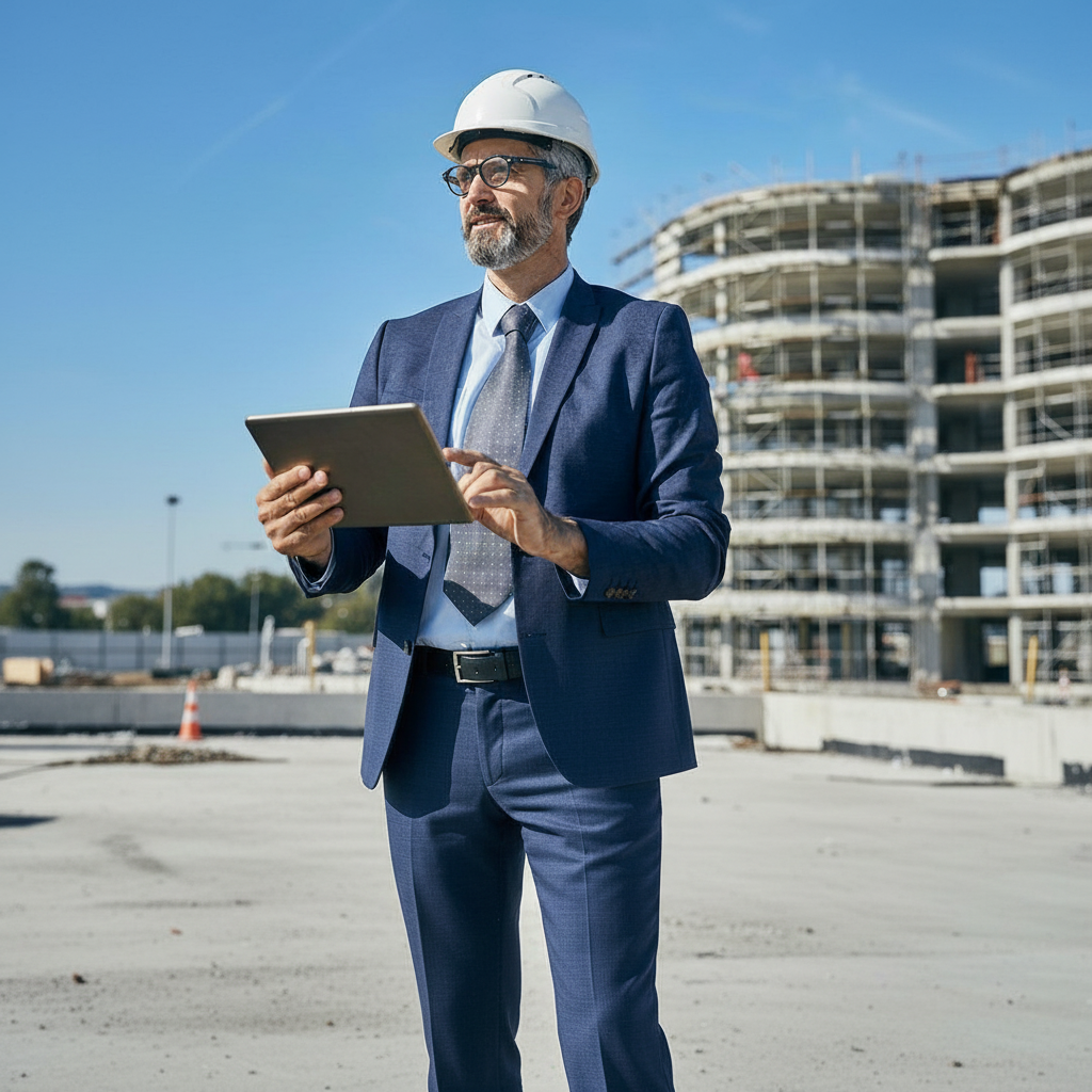 Profissional em obra a utilizar tecnologia em contexto de construção